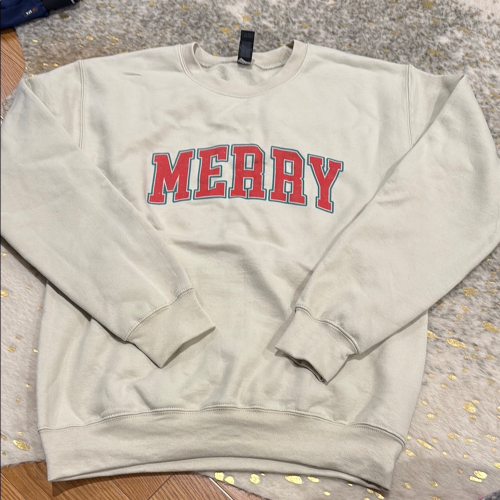 Gildan Cream Crew Neck Sweater with MERRY Text